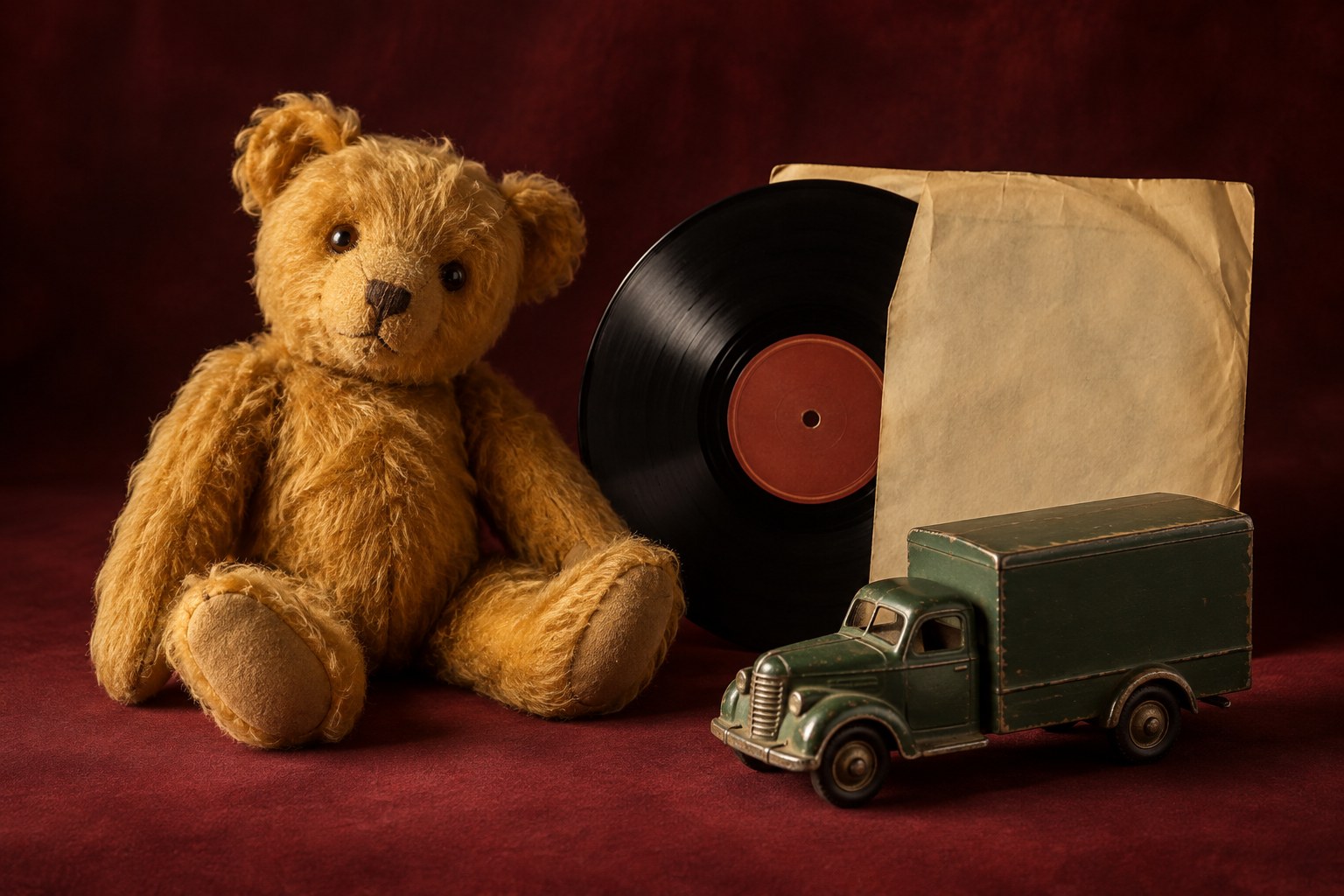Vintage-style teddy bear, vinyl record and model truck arranged together